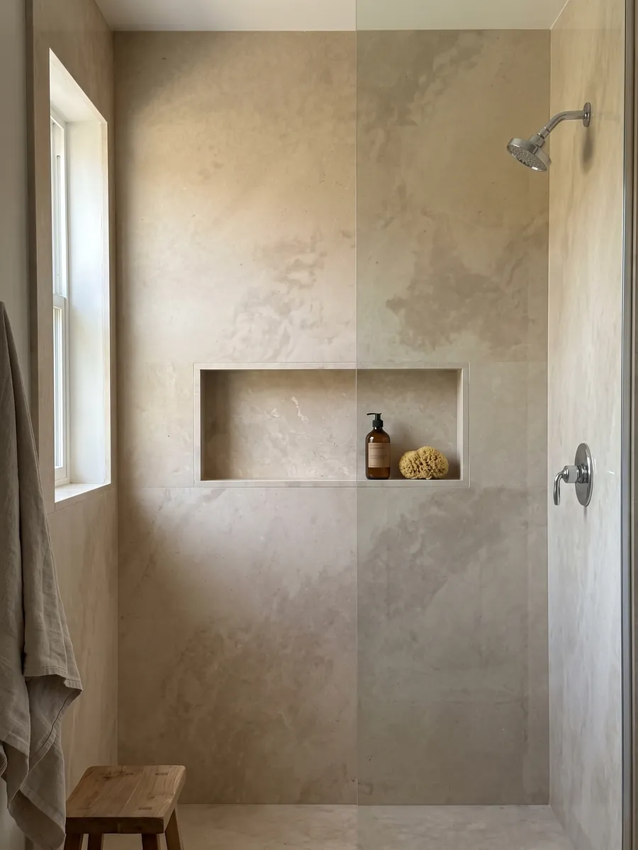 Shower clad in full Avorio marble slabs with a recessed niche: nearly smooth warm beige with very soft tonal variation