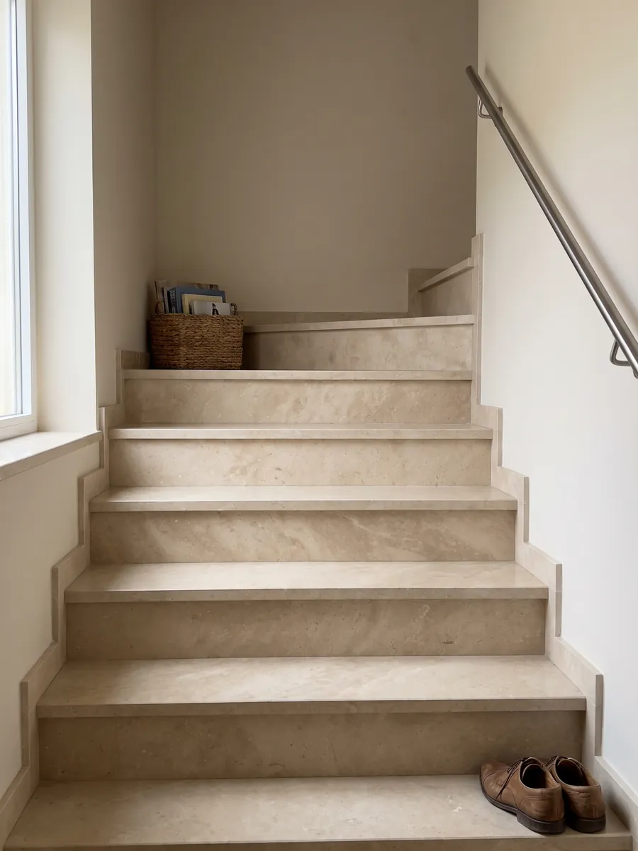 Interior staircase with Avorio marble steps and a handrail: nearly smooth warm beige with very soft tonal variation