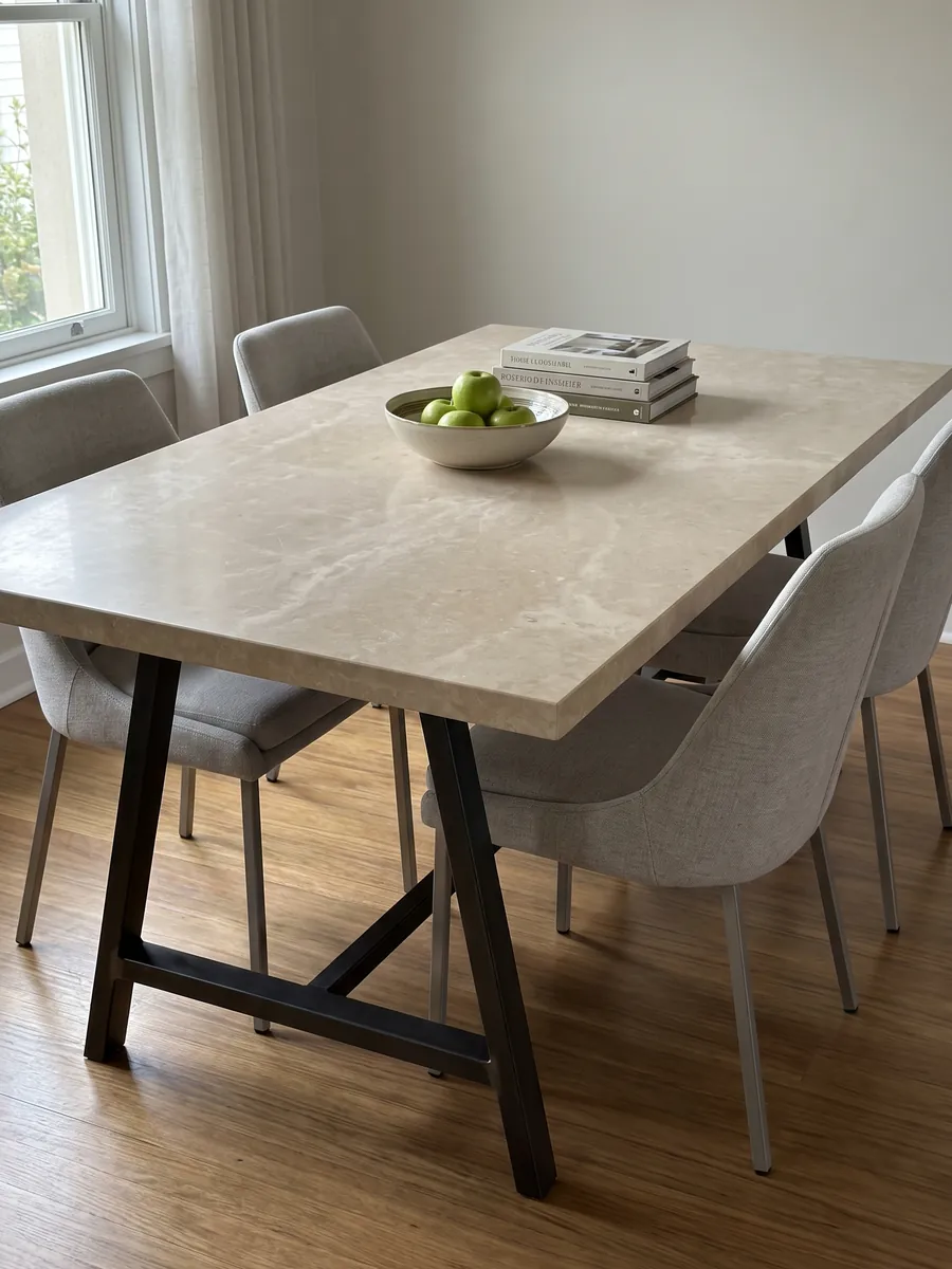 Dining table with an Avorio marble top on a steel base: nearly smooth warm beige with very soft tonal variation