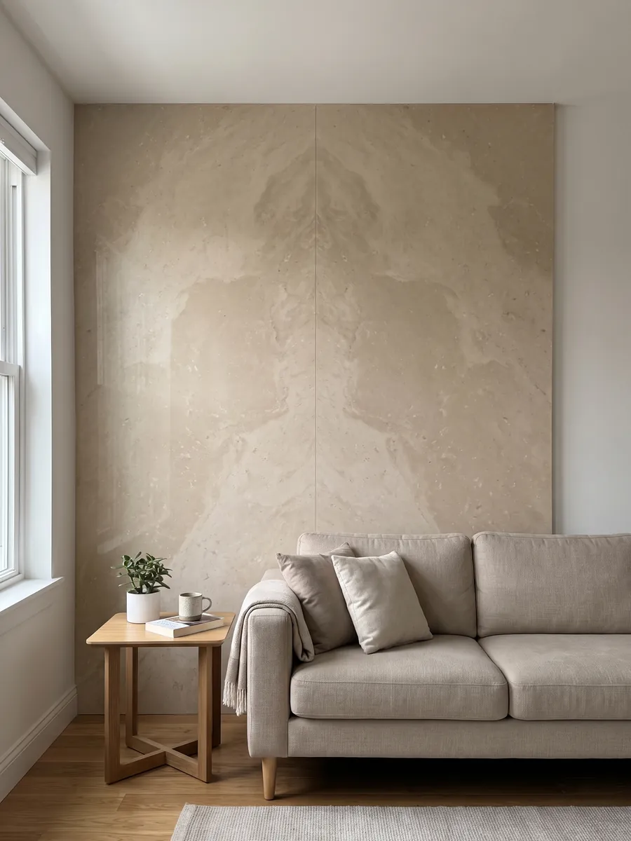 Living room wall clad in bookmatched Avorio marble slabs behind a sofa: nearly smooth warm beige with very soft tonal variation