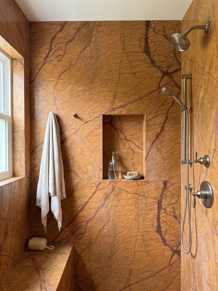 Shower lined with full slabs of Picasso Gold marble, in orange, with a recessed niche: intense ochre orange with a branching network of reddish brown veins
