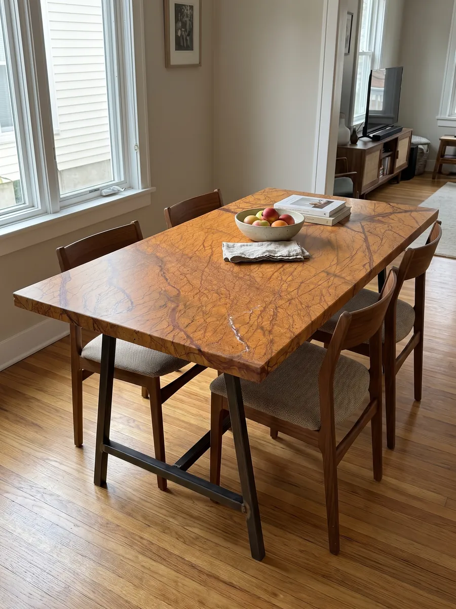 Dining table with a Picasso Gold marble top in orange on a steel base: intense ochre orange with a branching network of reddish brown veins