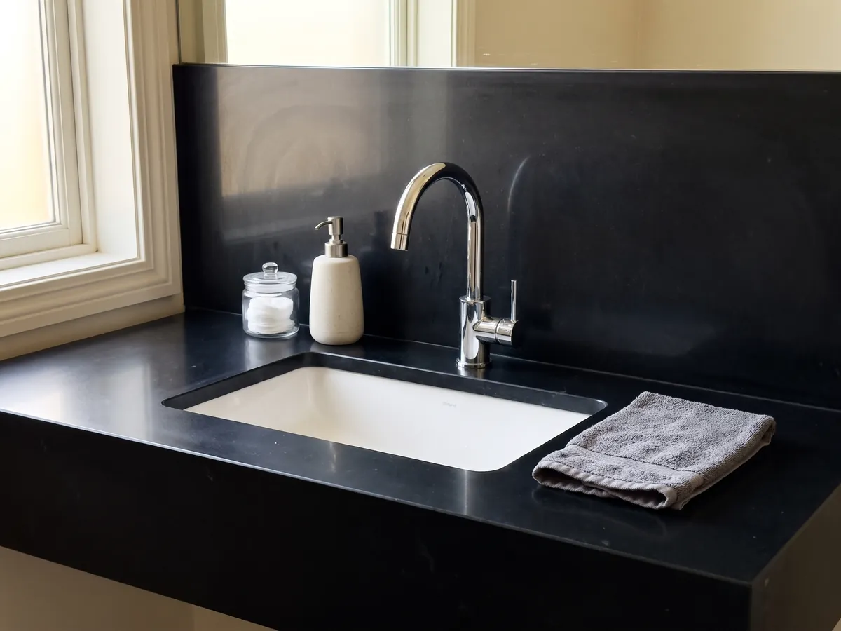 Vanity top and bathroom wall in Nero Belgio marble with a white sink and chrome faucets: a completely plain, uniform black with no veins or marks