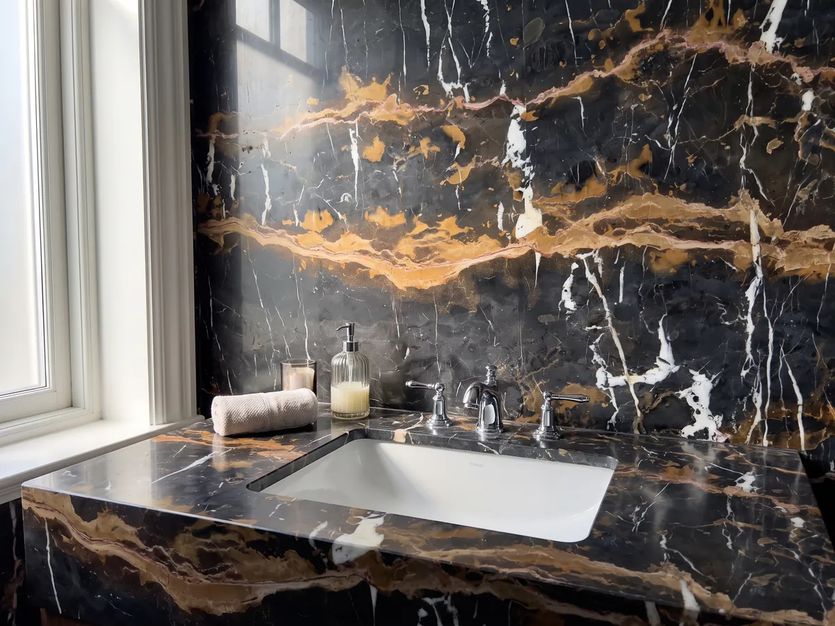 Vanity top and bathroom wall in Black & Gold black marble with a white sink and chrome fixtures: black with two horizontal golden ochre bands and vertical white veins
