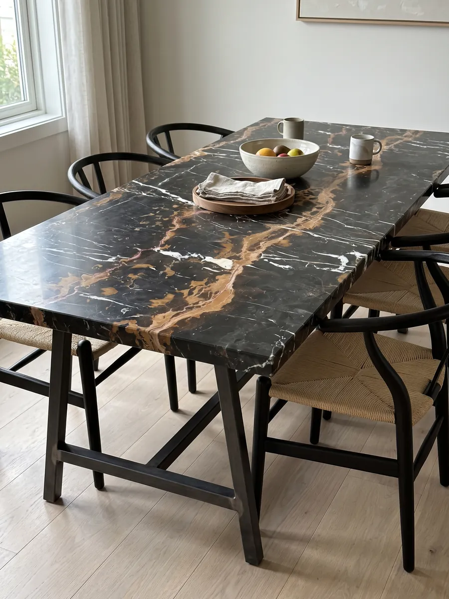 Dining table with a Black & Gold black marble top on a steel base: black with two horizontal golden ochre bands and vertical white veins