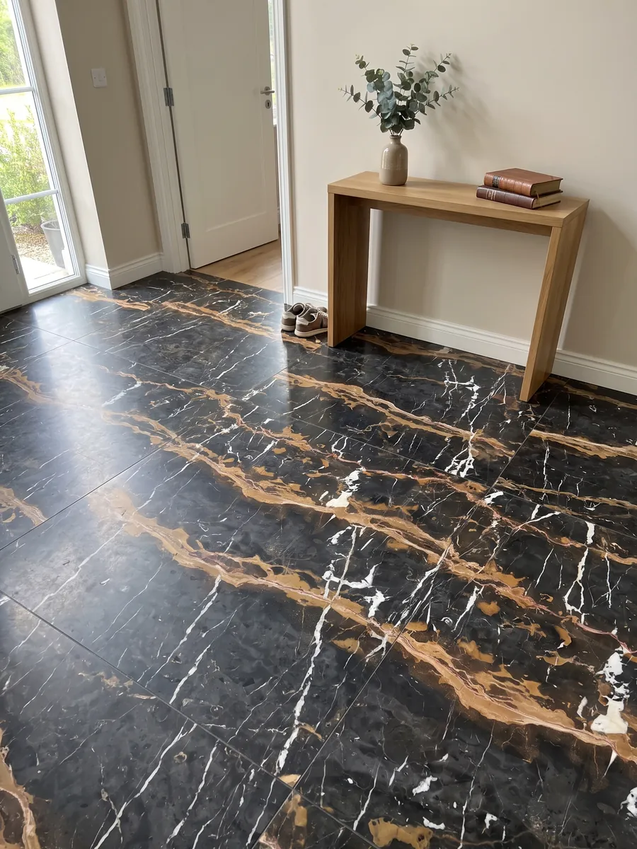 Entryway floor in large slabs of Black & Gold black marble with natural light: black with two horizontal golden ochre bands and vertical white veins