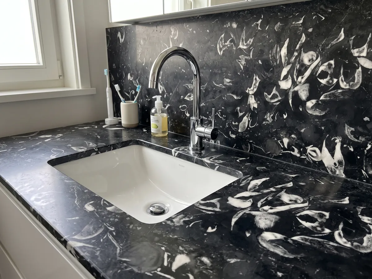 Vanity top and bathroom wall in Nero Boreale marble with a white sink and chrome faucets: blue-black with clearly visible curved white fossil shells