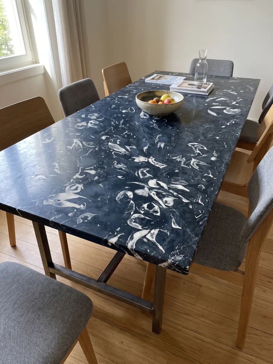 Dining table with a Nero Boreale marble top on a steel base: blue-black with clearly visible curved white fossil shells