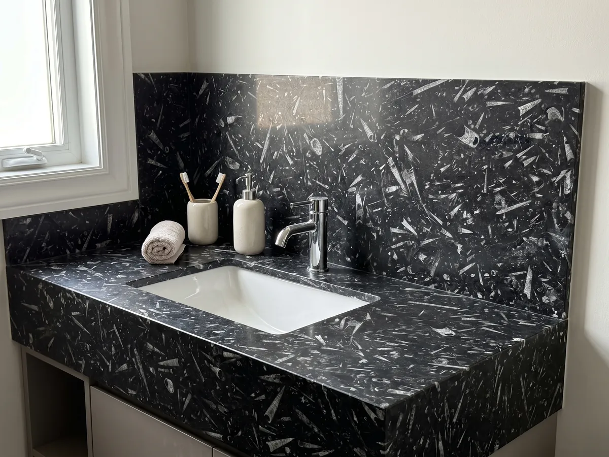 Bathroom vanity top and wall in Fossil Black marble with a white sink and chrome faucets: a black background full of elongated, cone-shaped fossils in light gray