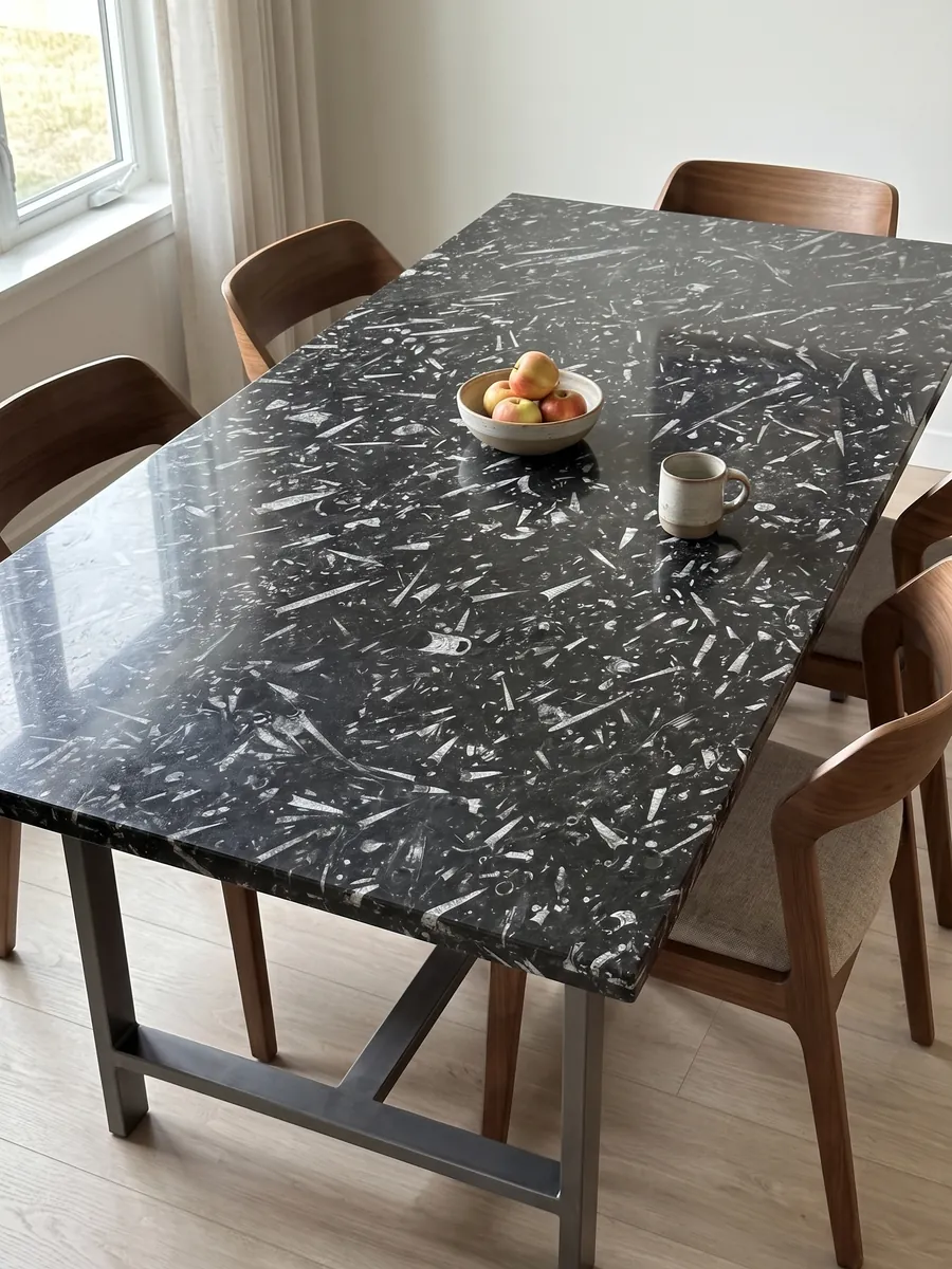 Dining table with a black Fossil Black marble top on a steel base: a black background full of elongated cone-shaped fossils in light gray