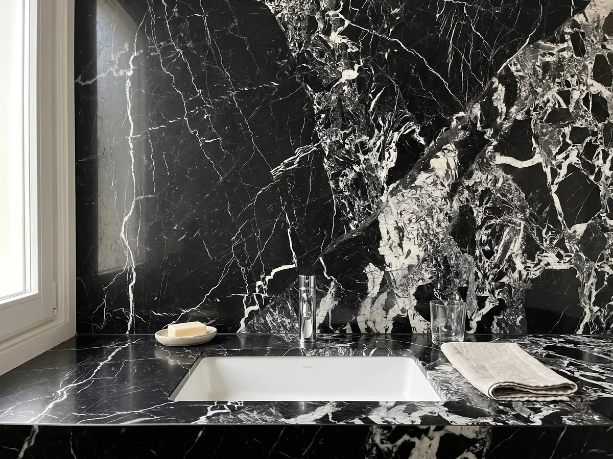 Vanity top and bathroom wall in black Grand Antique marble with a white sink and chrome fixtures: intense black with an area of broken white fragments that covers one side of the slab