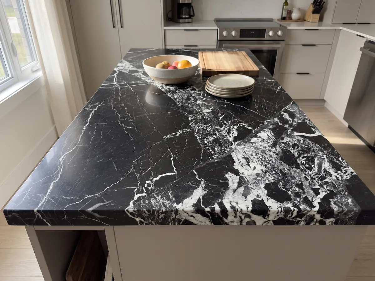 Kitchen island with a black Grand Antique marble countertop and a straight edge in a kitchen with natural light: intense black with an area of broken white fragments that covers one side of the slab