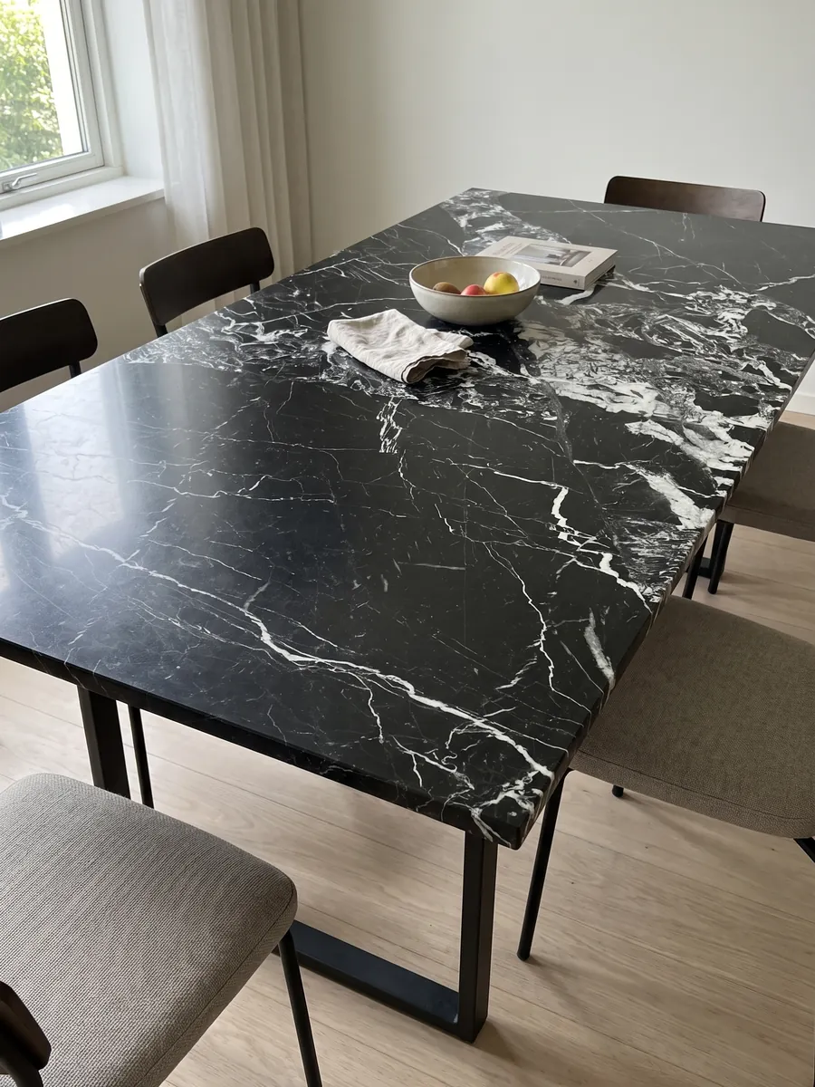 Dining table with a black Grand Antique marble top on a steel base: intense black with an area of broken white fragments that covers one side of the slab