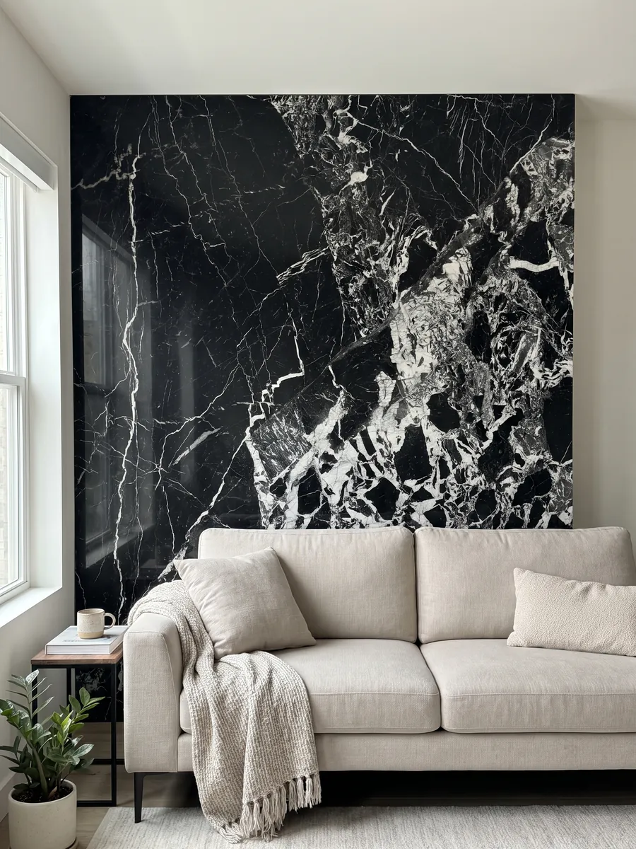 Living room wall clad in bookmatched black Grand Antique marble slabs behind a sofa: intense black with an area of broken white fragments that covers one side of the slab