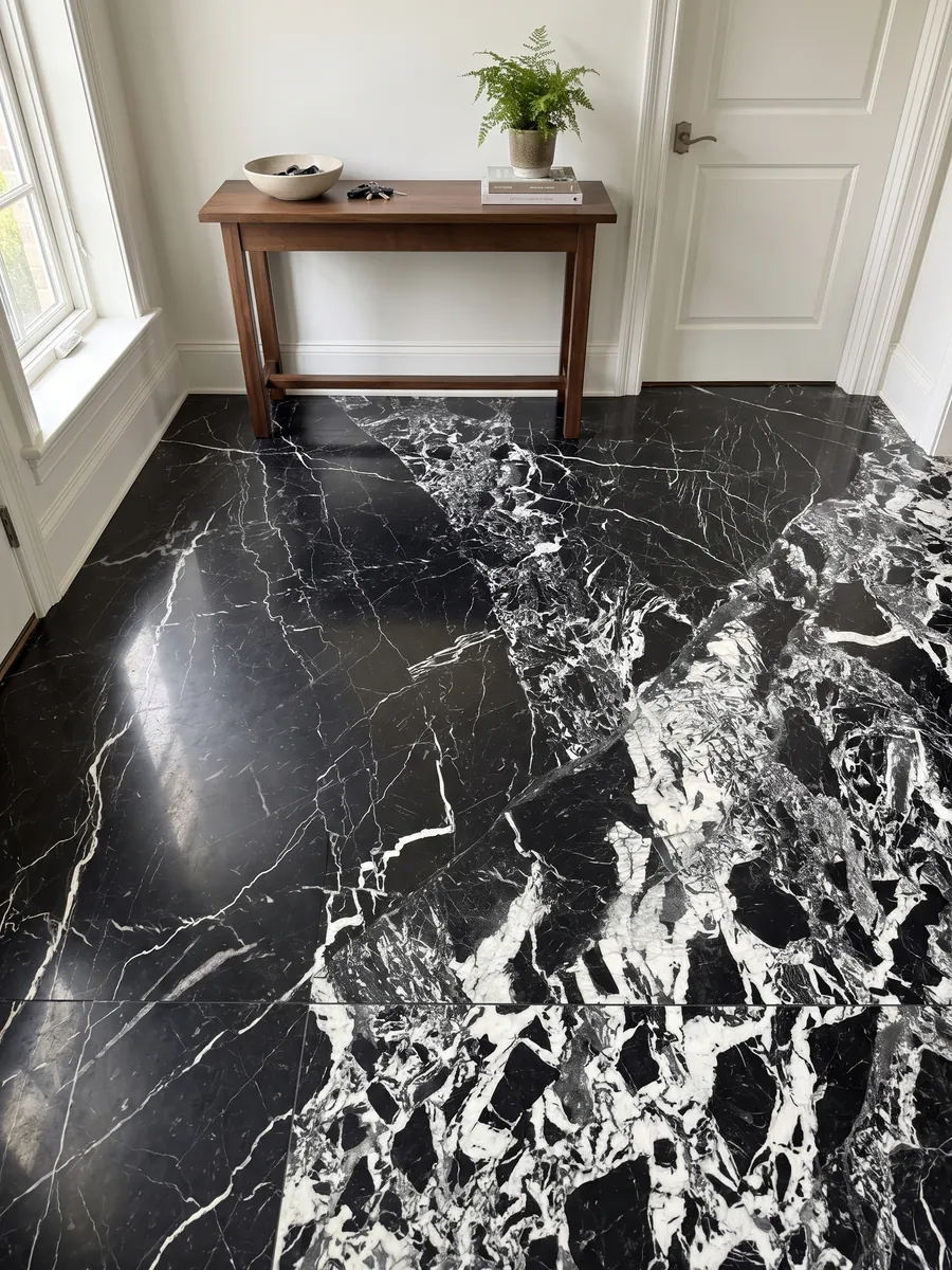 Foyer floor in large black Grand Antique marble slabs in natural light: intense black with an area of broken white fragments that covers one side of the slab