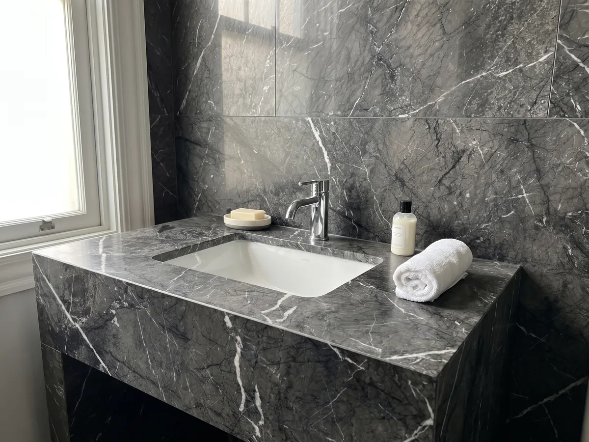 Vanity top and bathroom wall in black Grigio Carnico marble with a white sink and chrome fixtures: gray-black with fine, crisp branching white veins
