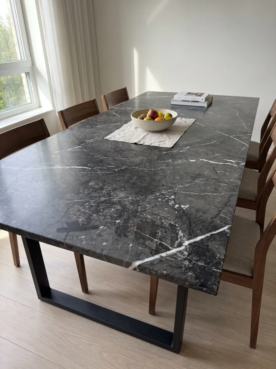 Dining table with a black Grigio Carnico marble top on a steel base: gray-black with fine, crisp branching white veins