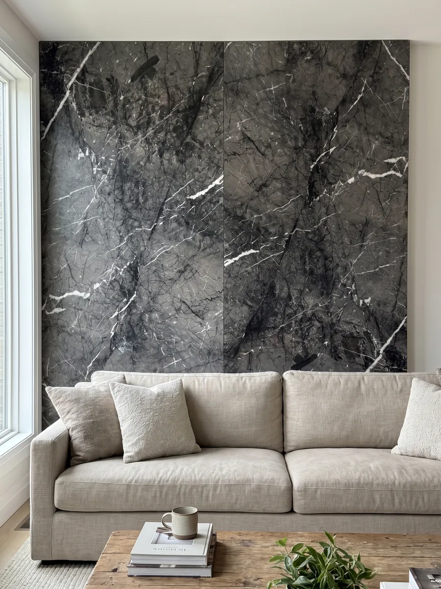 Living room wall clad in bookmatched black Grigio Carnico marble slabs behind a sofa: gray-black with fine, crisp branching white veins