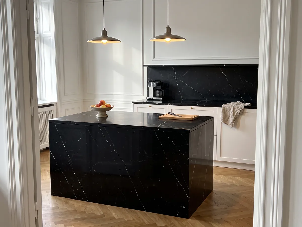 Kitchen island with a black Nero Marquina marble countertop and a straight edge in a naturally lit kitchen: deep black with a few fine, straight white veins