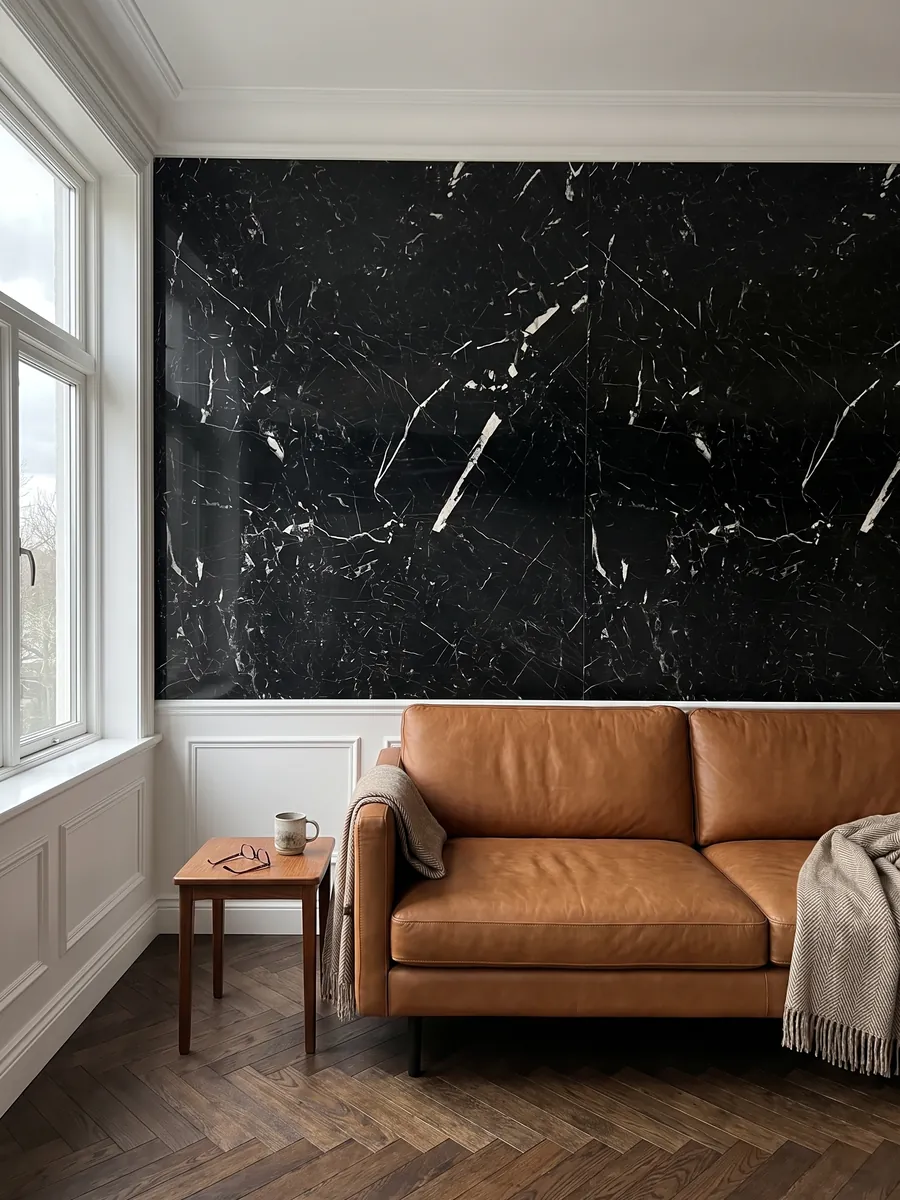 Living room wall clad in bookmatched black Nero Marquina marble slabs behind a sofa: deep black with a few fine straight white veins