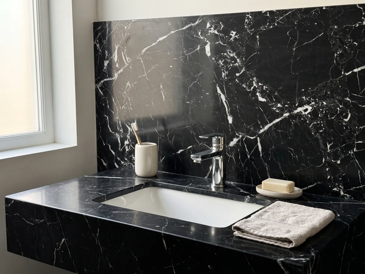 Vanity top and bathroom wall in black Napoleon Black marble with a white sink and chrome faucets: intense black with an irregular network of crisp white veins