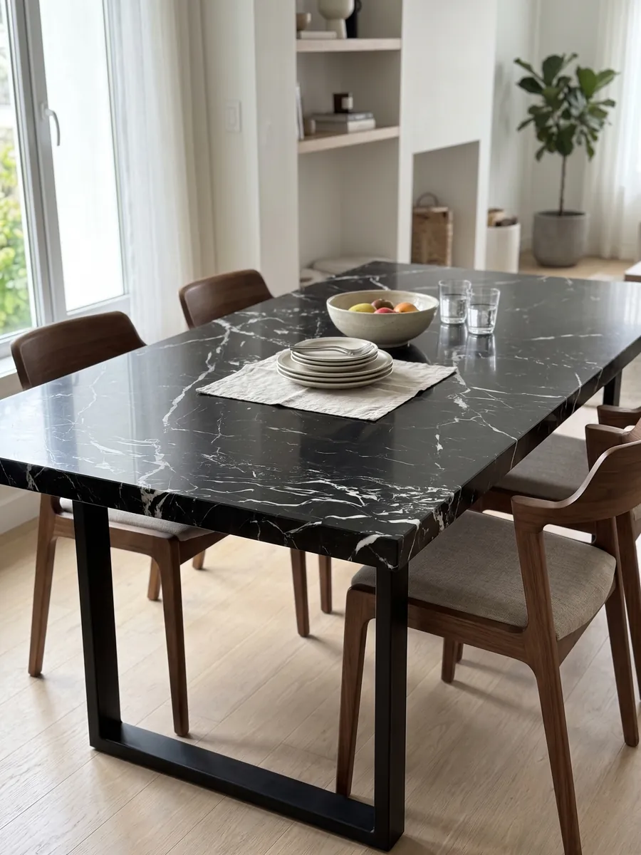 Dining table with a Napoleon Black marble top on a steel base: intense black with a crisp, irregular network of white veins