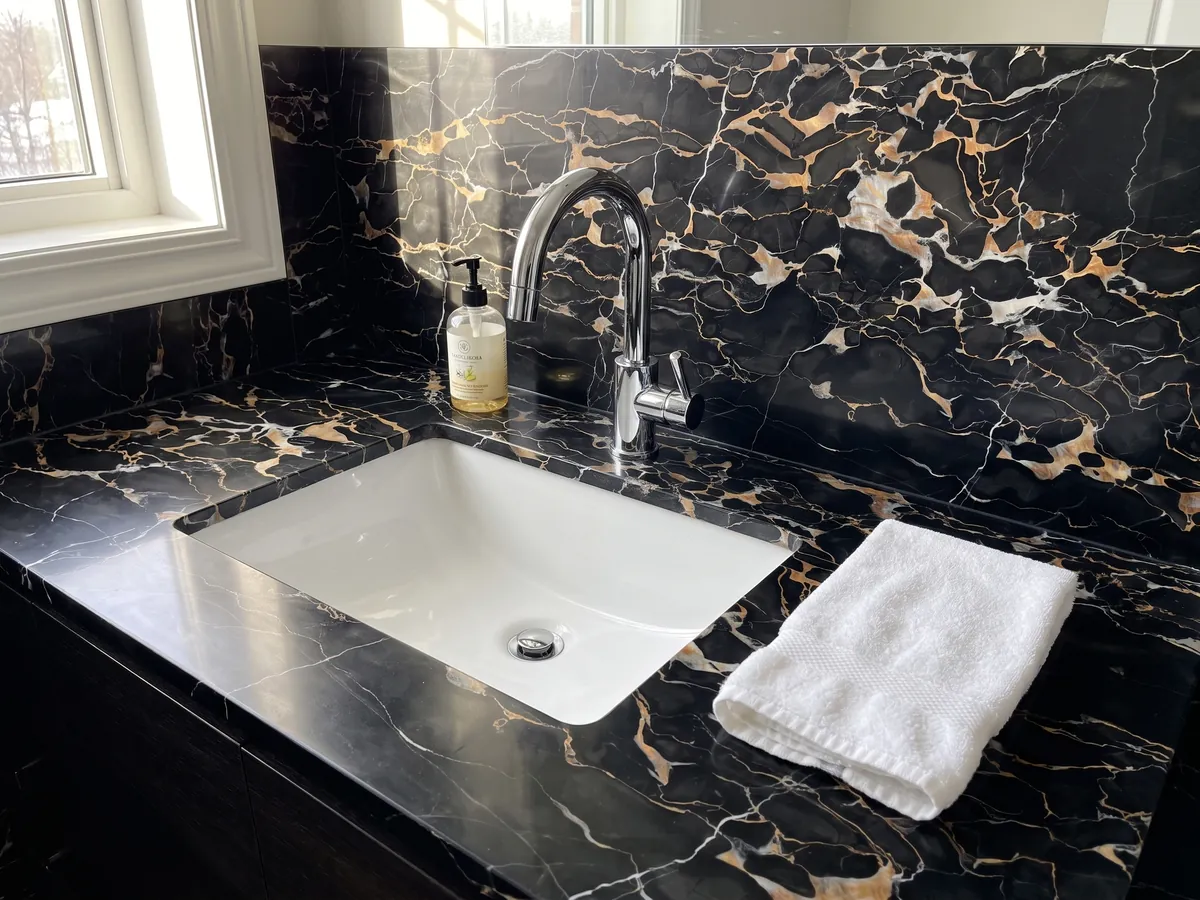 Bathroom vanity top and shower wall in black Nero Portoro marble with a white sink and chrome faucets: black with a dense web of gold and white veins