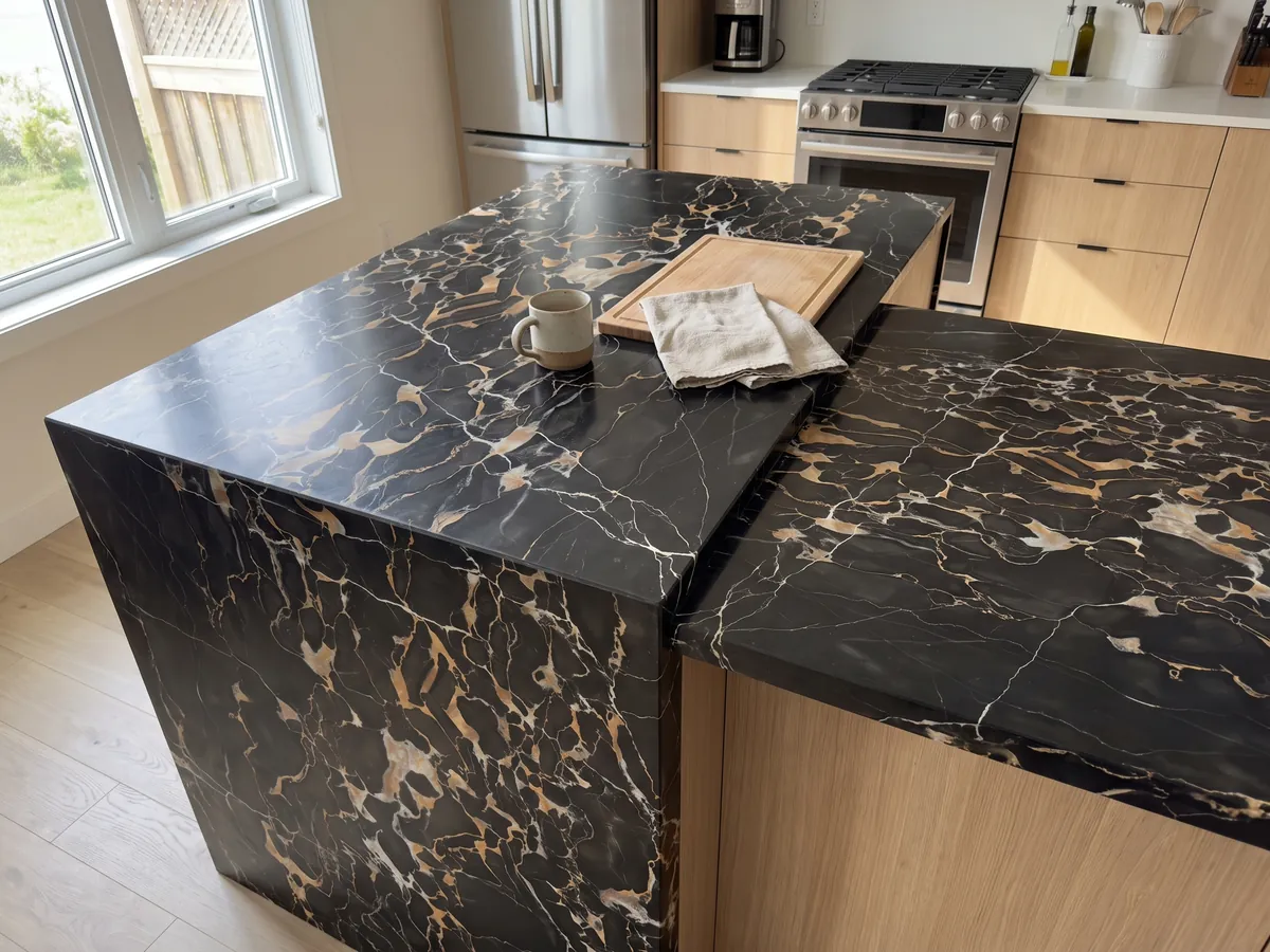 Kitchen island with a black Nero Portoro marble countertop and a straight edge in a naturally lit kitchen: black with a dense network of golden and white veins
