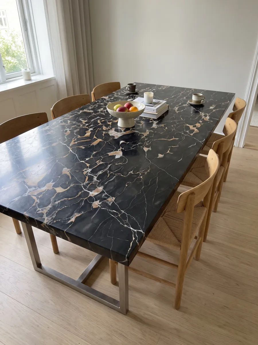 Dining table with a black Nero Portoro marble top on a steel base: black with a dense web of gold and white veins