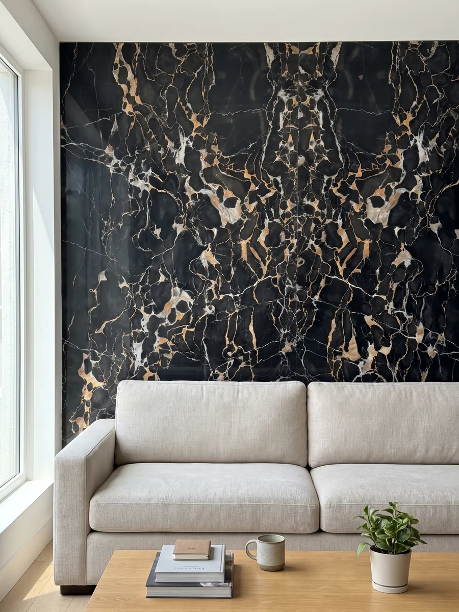 Living room wall clad in bookmatched slabs of black Nero Portoro marble behind a sofa: black with a dense web of gold and white veins