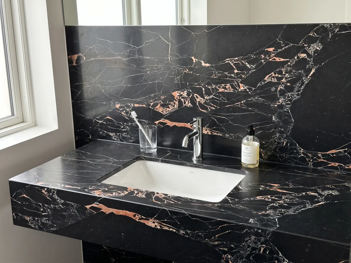 Vanity top and bathroom wall in black Orange Black marble with a white sink and chrome faucets: black with fine white veins and clustered salmon-orange spots