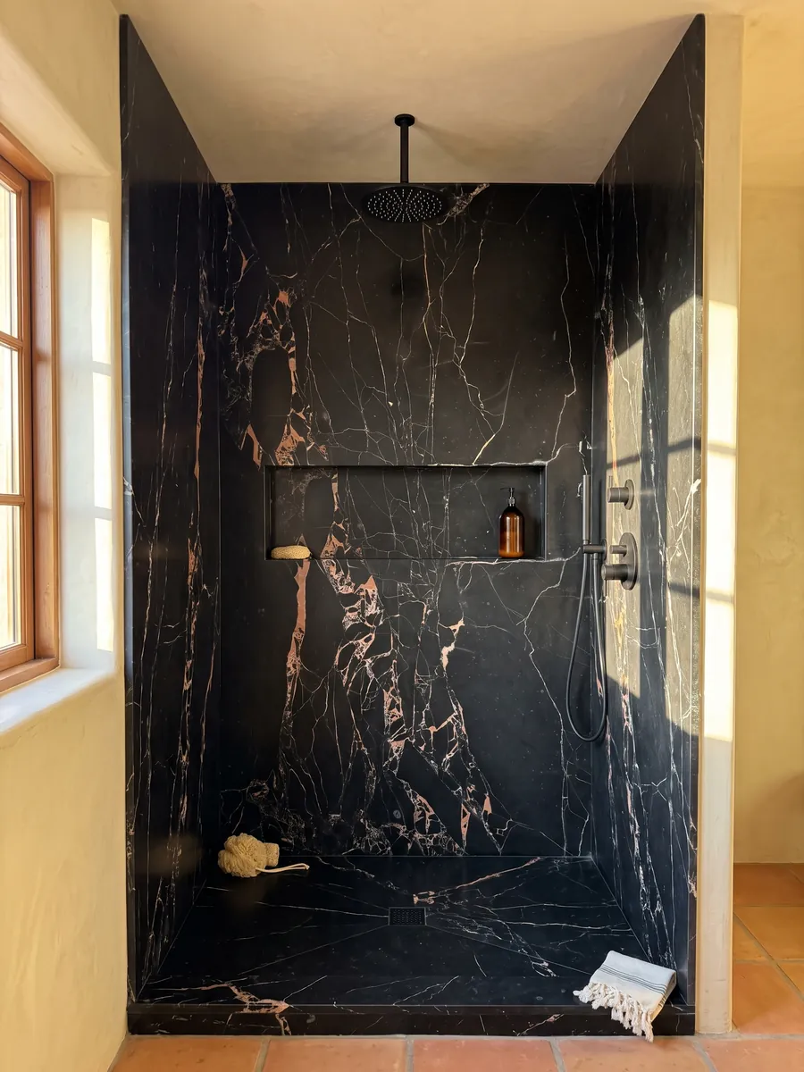 Shower clad in full slabs of black Orange Black marble with a recessed niche: black with fine white veins and clustered salmon-orange spots