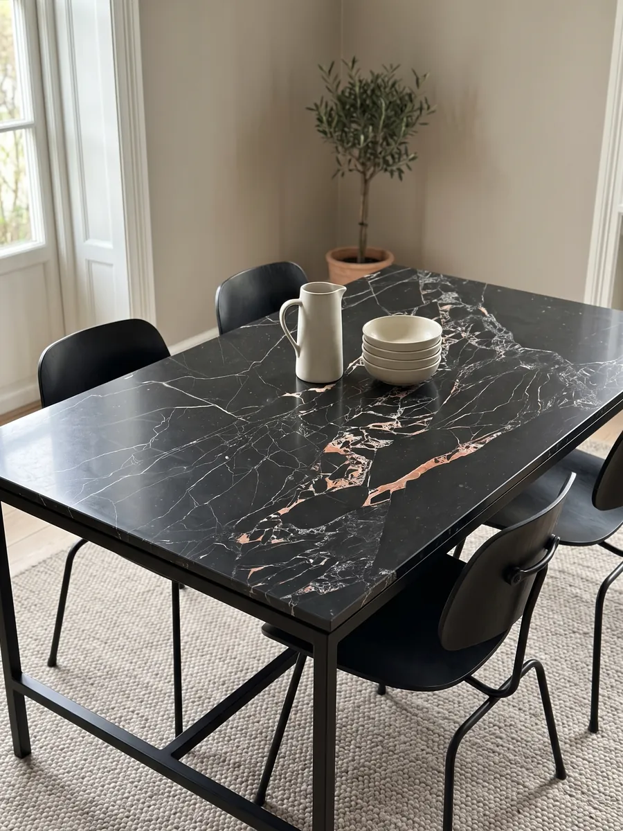 Dining table with a black Orange Black marble top on a steel base: black with fine white veins and clustered salmon-orange spots