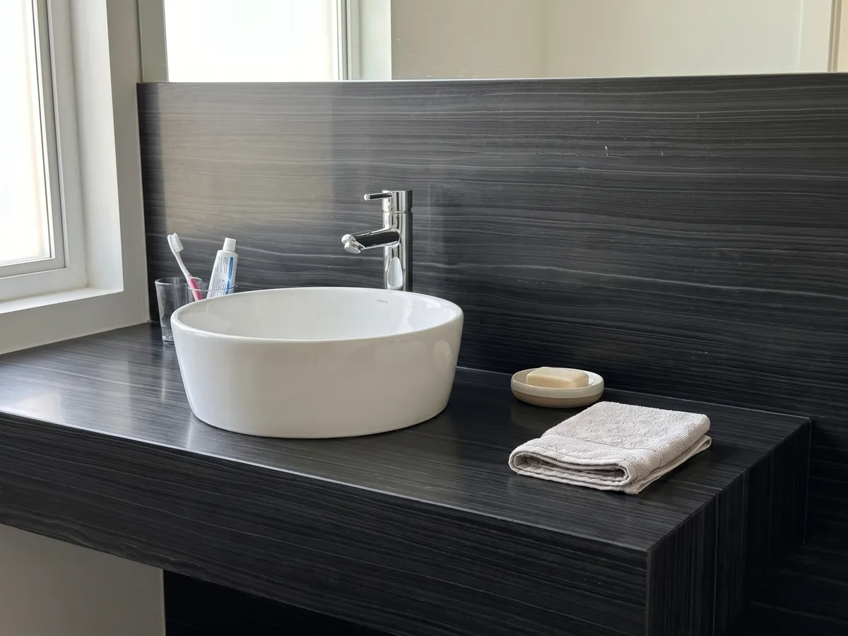 Vanity top and bathroom wall in Nero Pagoda marble with a white sink and chrome fittings: black with fine horizontal, parallel gray lines, almost like wood