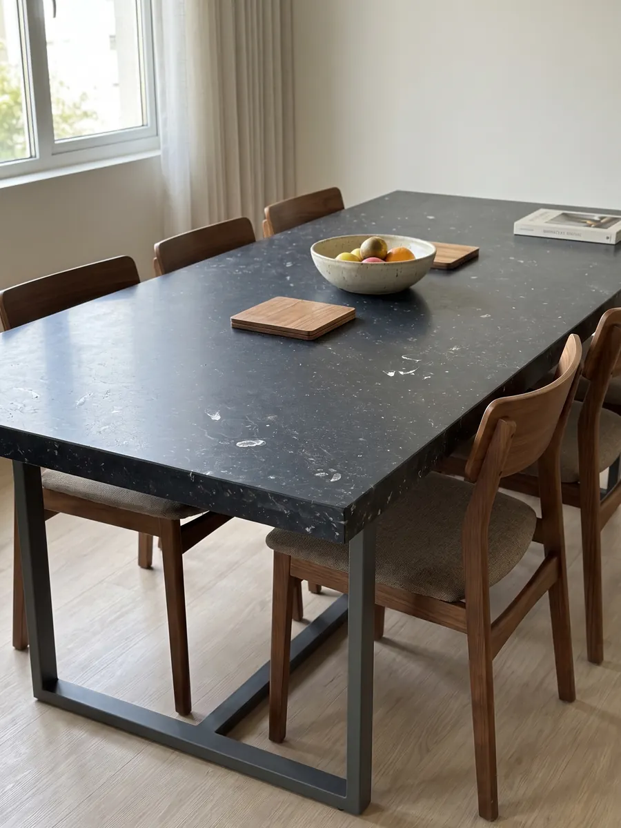 Dining table with a black Pierre Bleu marble top on a steel base: bluish black with small scattered light flecks