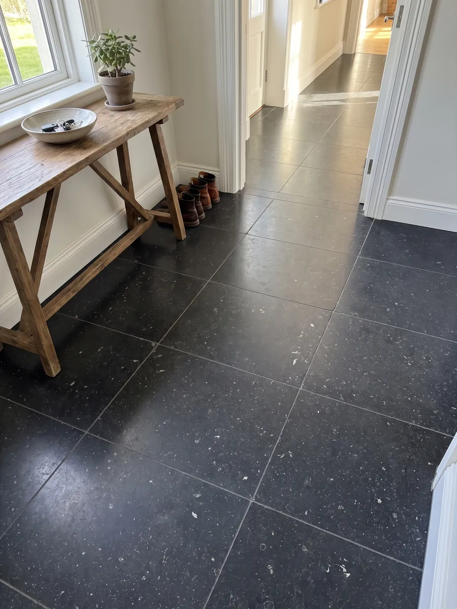 Entryway floor in large slabs of black Pierre Bleu marble with natural light: bluish black with small scattered light flecks