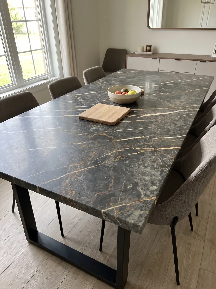 Dining table with a black Port Laurent marble top on a steel base: charcoal gray with gold and white veins running parallel in a diagonal