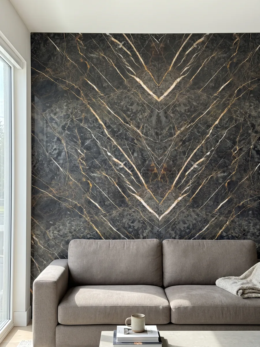 Living room wall clad in bookmatched black Port Laurent marble slabs behind a sofa: charcoal gray with gold and white veins running parallel in a diagonal
