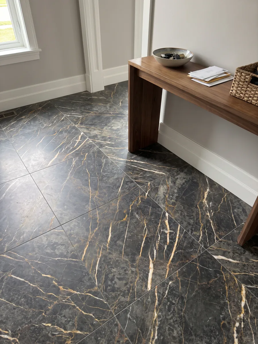 Entryway floor in large black Port Laurent marble slabs with natural light: charcoal gray with gold and white veins running parallel in a diagonal