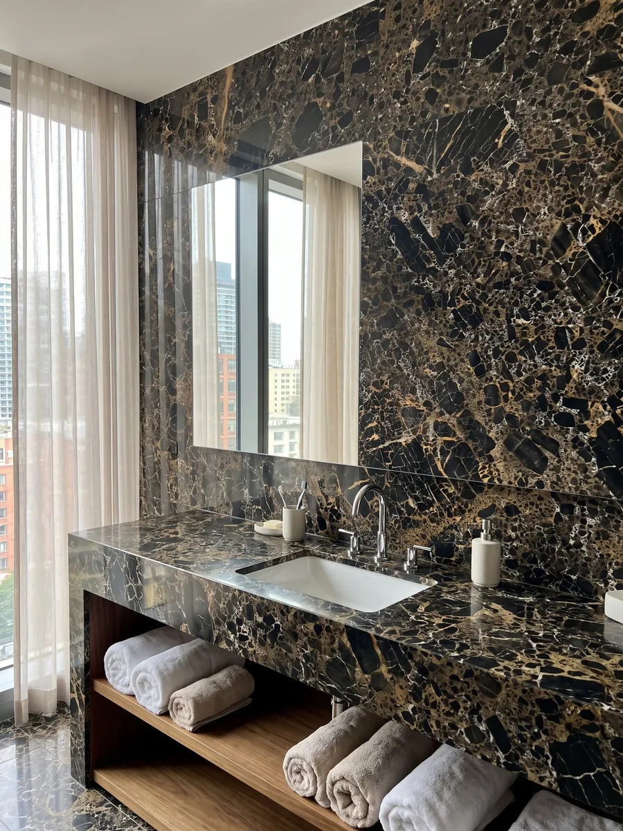 Vanity top and bathroom wall in black Portoro marble with a white sink and chrome fixtures: black fragments wrapped in a dense web of gold and white veins
