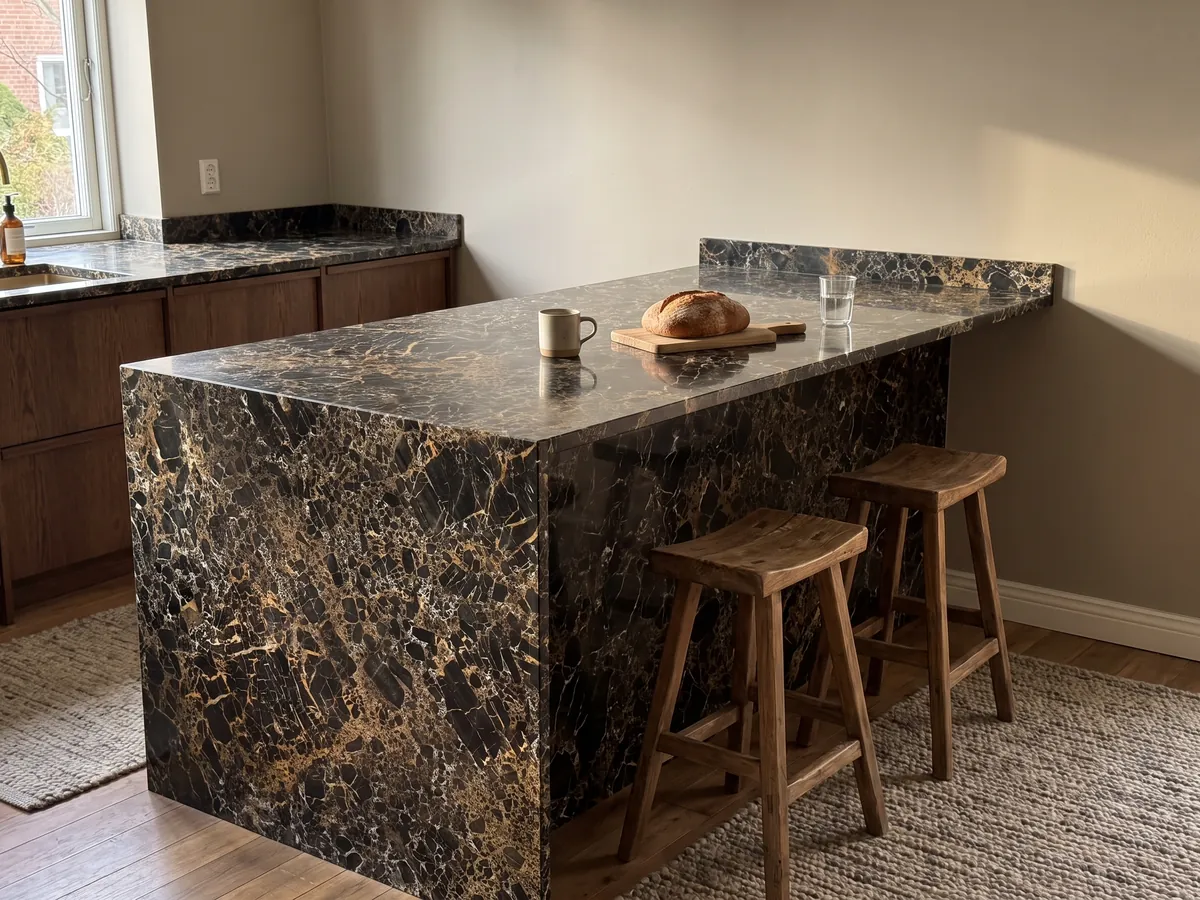 Kitchen island with a black Portoro marble countertop and a straight edge in a naturally lit kitchen: black fragments wrapped in a dense network of golden and white veins