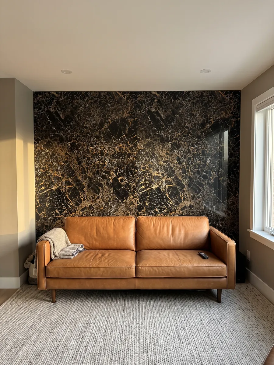 Living room wall clad in bookmatched slabs of black Portoro marble behind a sofa: black fragments wrapped in a dense web of gold and white veins