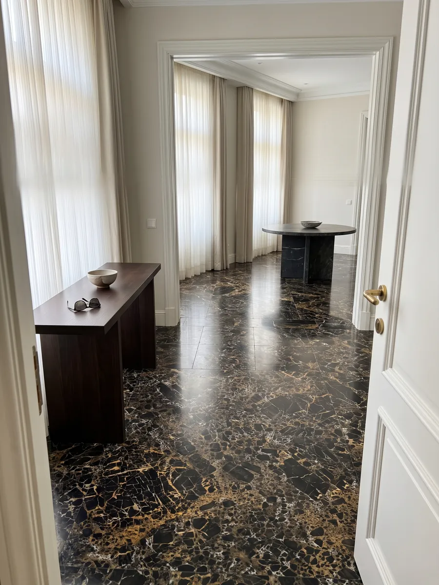 Entryway floor in large slabs of black Portoro marble with natural light: black fragments wrapped in a dense web of gold and white veins