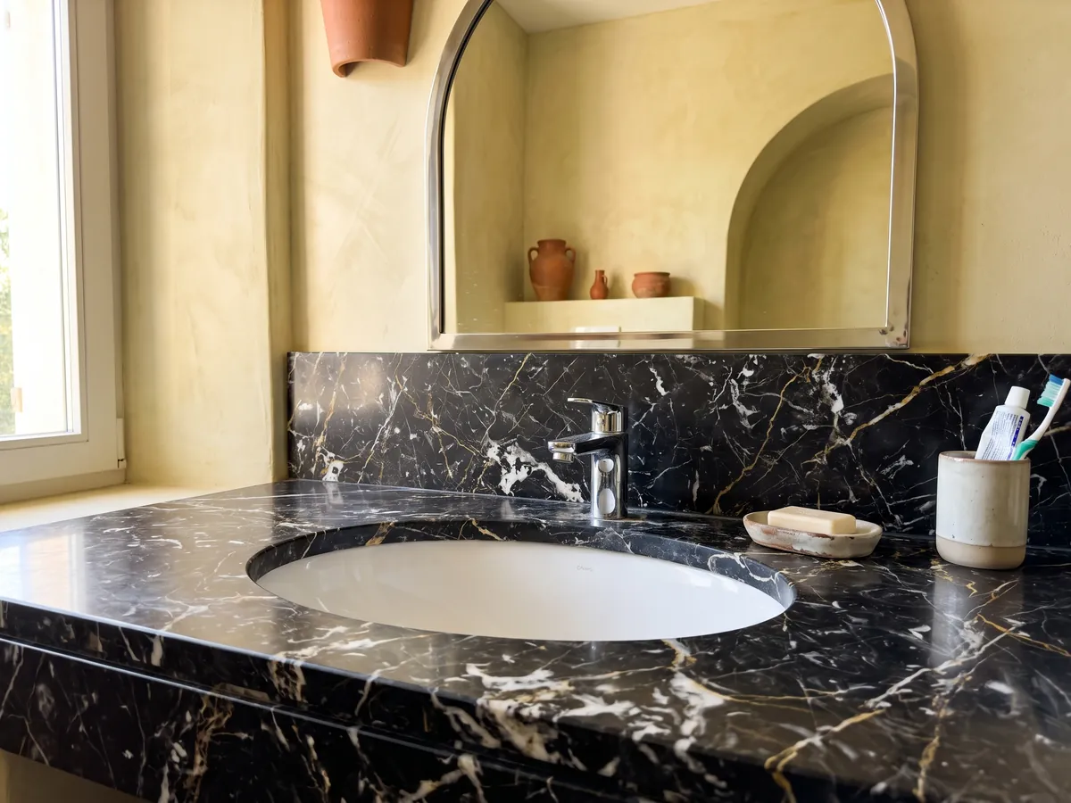 Vanity top and bathroom wall in black Prometeus marble with a white sink and chrome fixtures: black with crossed white and gold veins and some white swirls