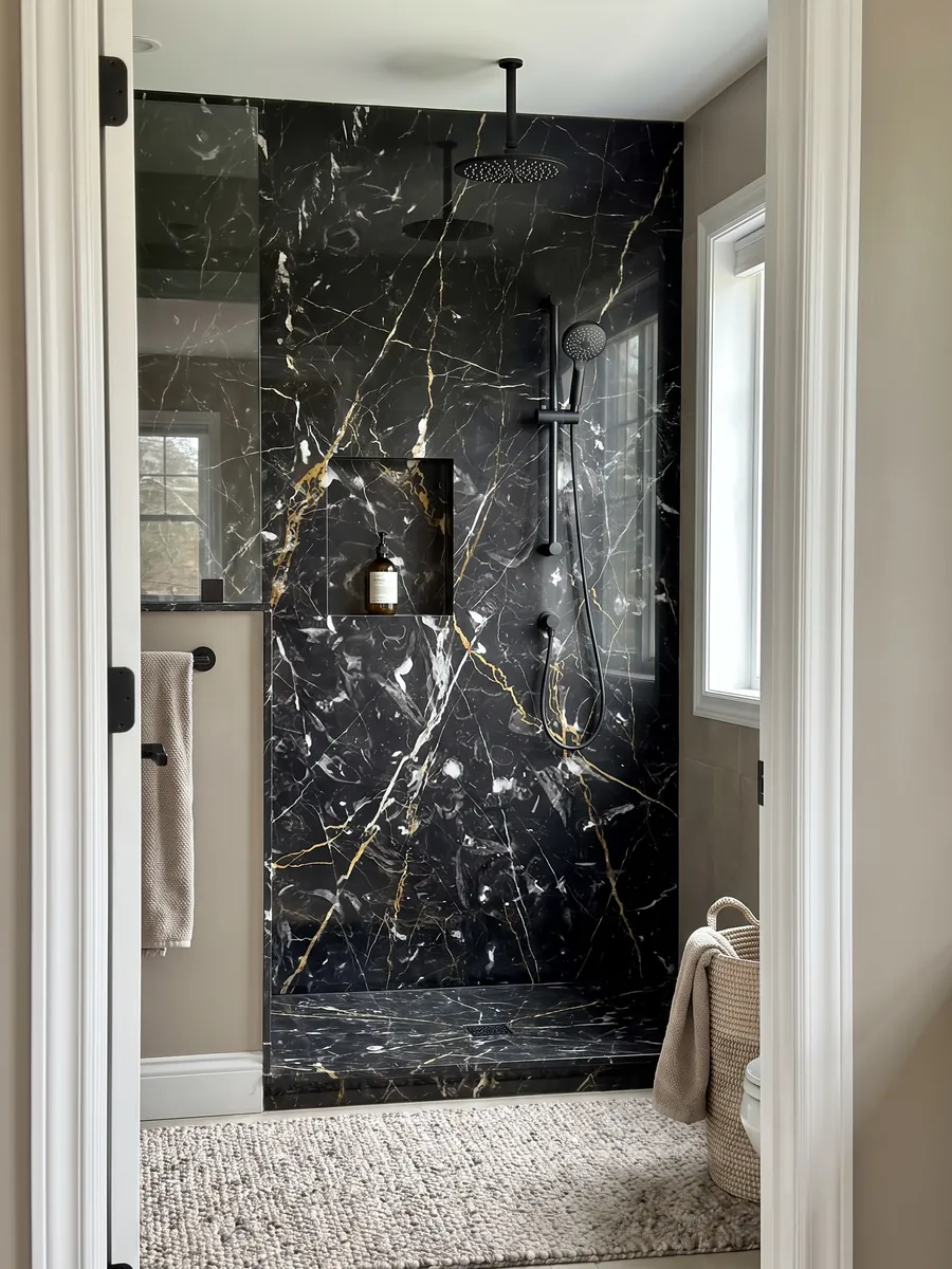 Shower clad in full slabs of black Prometeus marble with a recessed niche: black with crossed white and gold veins and some white swirls