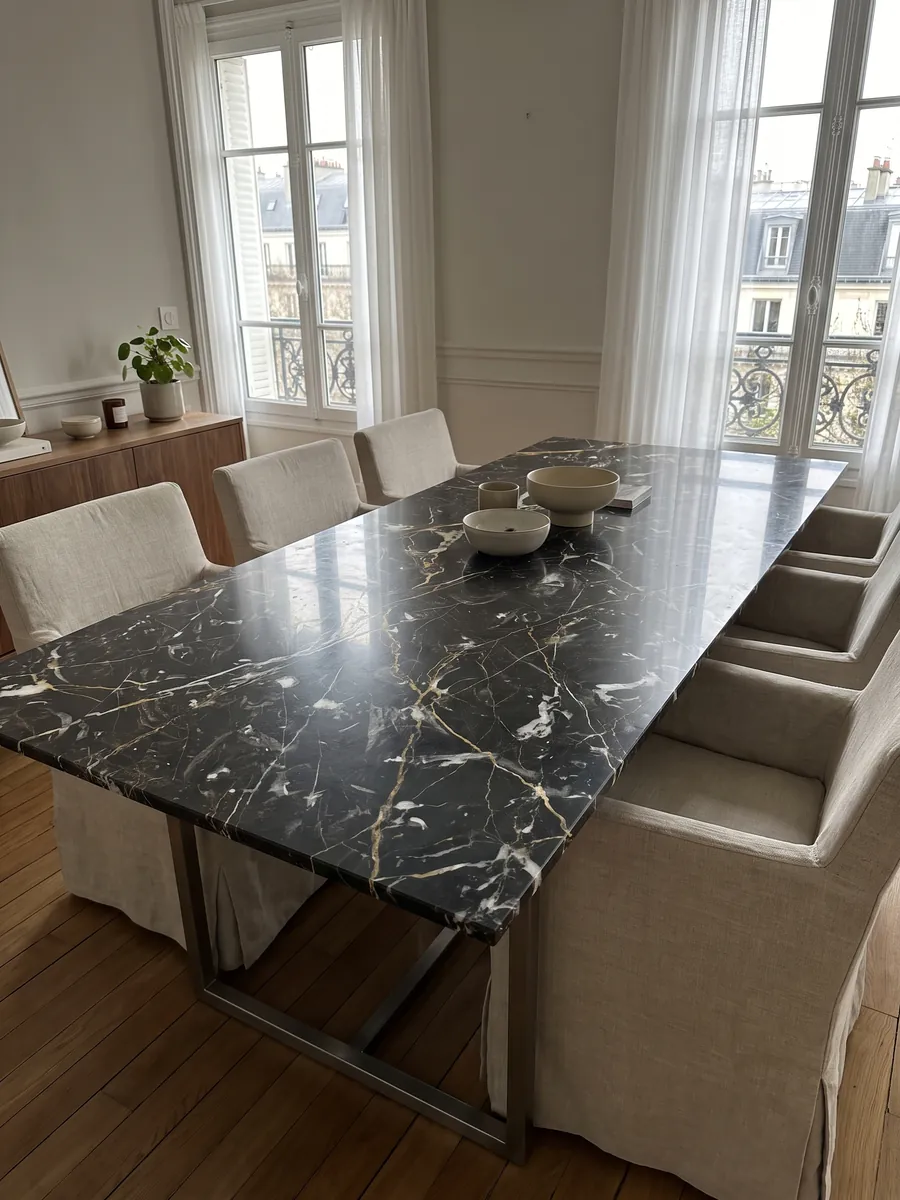 Dining table with a black Prometeus marble top on a steel base: black with crossed white and gold veins and some white swirls