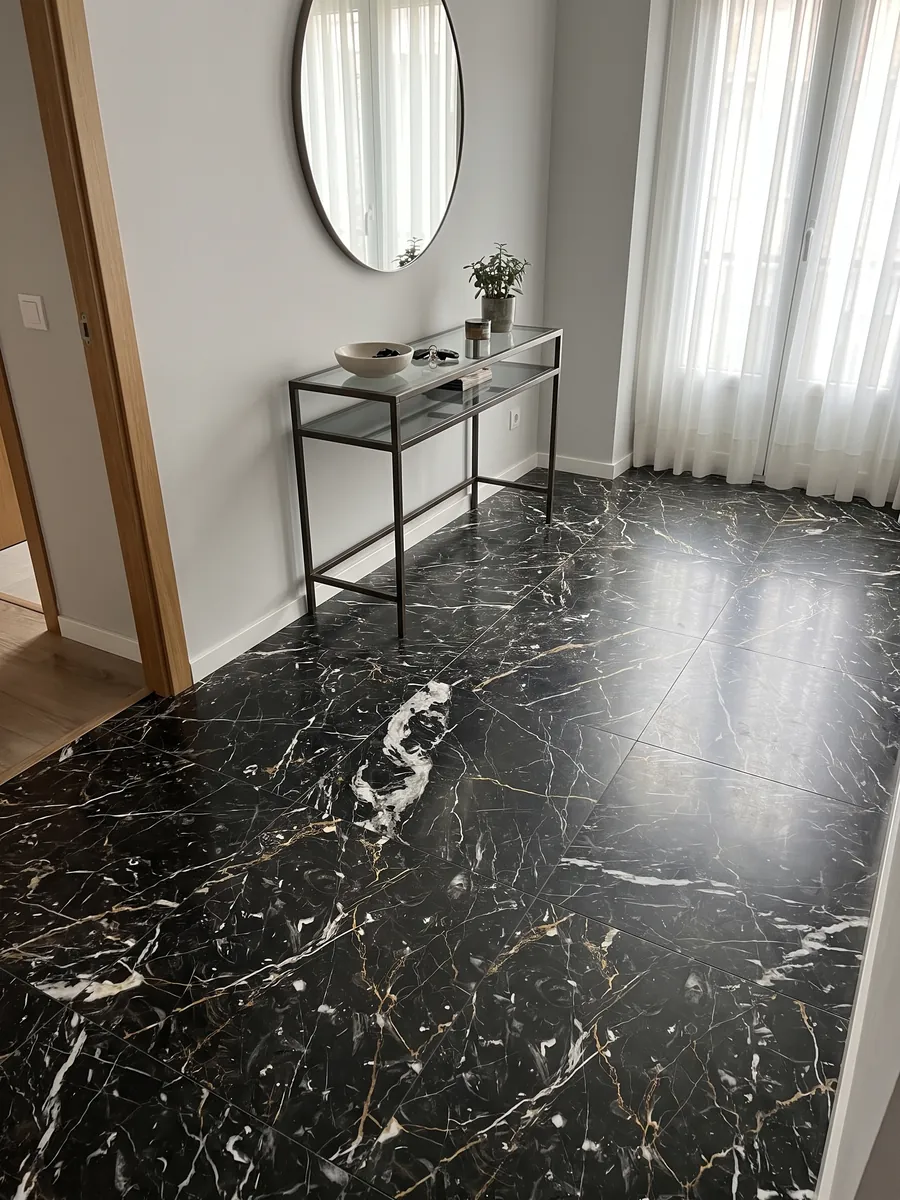 Entryway floor in large slabs of black Prometeus marble with natural light: black with crossed white and gold veins and some white swirls