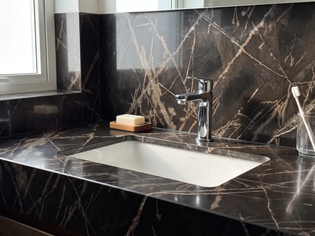 Vanity top and bathroom wall in black Sahara Bronze marble with a white sink and chrome faucets: brownish black background with fine, crossing bronze-colored veins
