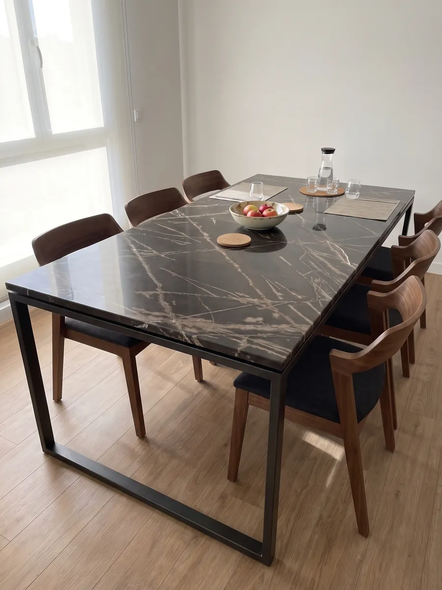 Dining table with a black Sahara Bronze marble top on a steel base: brownish black background with fine, crossing bronze-colored veins