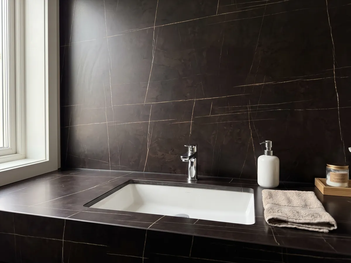 Vanity top and bathroom wall in Sahara Noir black marble with a white sink and chrome faucets: brown-black with very fine, straight, sparse gold lines